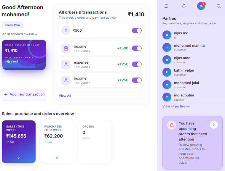 Order4U dashboard with orders, transactions, sales cards and party list